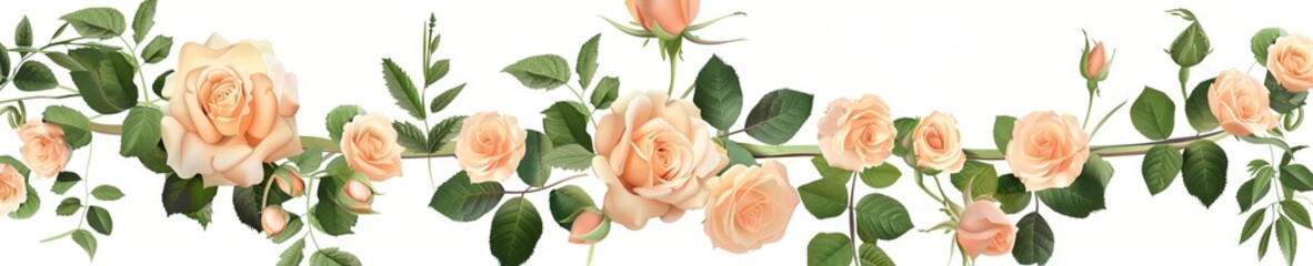 Naklejka premium Watercolor Illustration of a Horizontal Garland of Peach Roses and Greenery Symbolizing Elegance, Nature, and Floral Beauty. Isolated on white background. Banner