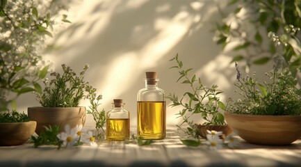 Natural essential oils and herbs displayed on a wooden table in a bright room with plants