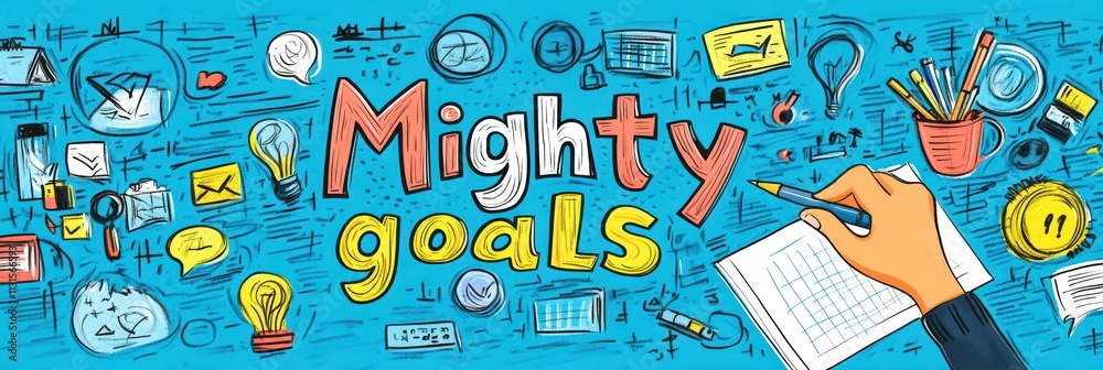 Poster This vibrant illustration emphasizes the importance of setting and achieving goals, featuring a hand writing in a notebook surrounded by various planning elements to inspire creativity and motivation
