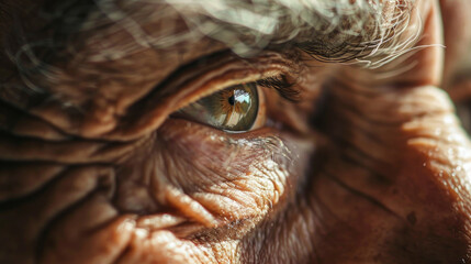 Naklejka premium Close up of an old man's grey eye showcasing detailed wrinkles. Concept of aging, human eye, senior, and facial features. Eye close-up, skin texture, elderly, human experience
