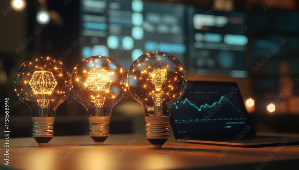 Aufkleber this workspace has three bright bulbs symbolizing innovation. a modern laptop shows growth graphs, h