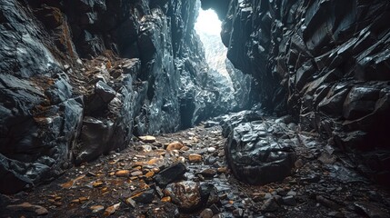 Obraz premium Narrow Rocky Cave Passageway with Jagged Rocks and Subtle Sunlight. Concept of Natural Exploration, Adventurous Journey, Geological Features, and Rugged Terrain