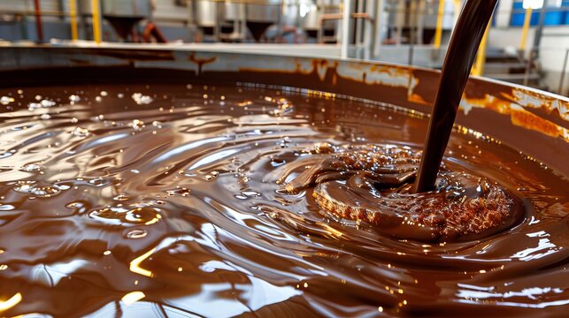 Large Vat of Liquid Chocolate Being Stirred in a Factory Setting. Concept of Chocolate Production, Sweet Indulgence, Industrial Manufacturing, Gourmet Confectionery Creation