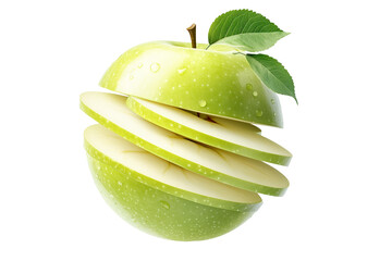 Fresh green sliced apple with leaves and water droplets isolated on white transparent background, healthy fruits
