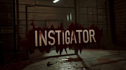 Naklejka premium A dark, gritty setting featuring the word 'INSTIGATOR' in blood-like texture, evoking a horror theme.