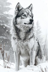 Naklejka premium Majestic wolf sitting in snowy winter forest.