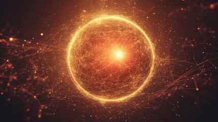 Obraz premium A glowing spherical hub with intricate connecting lines, shimmering data particles, and vibrant gradients illustrates global data exchange and connectivity. 