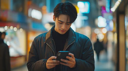 Virtual Reality Internet Interface: Asian Businessman Uses Smartphone in 3D Cyberspace Environment: Browses Websites, Enjoys Video Streaming Services, uses Social Media, Does e-Commerce