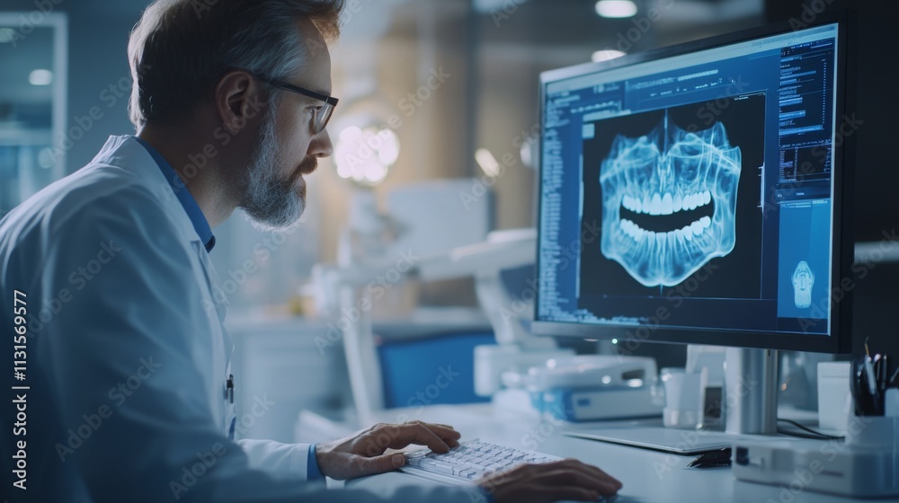 Poster a dental professional focuses intently on a computer screen displaying a detailed dental imaging.