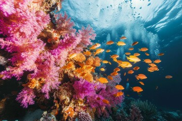 Fototapeta premium Vibrant coral reef, orange fish, underwater scene.