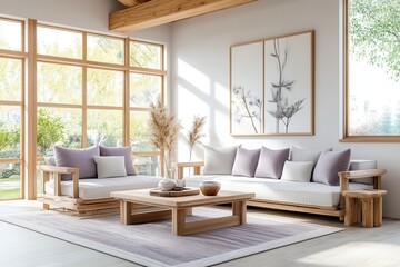 Scandinavian Japanese living room with beige walls lavender cushions bright atmosphere