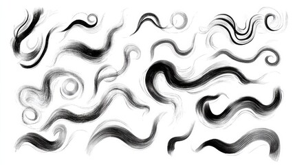 Charcoal pencil curly lines, squiggles and shapes. Grunge pen scribbles collection. Hand drawn vector pencil lines and doodles. Black charcoal or chalk