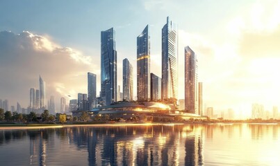 Fototapeta premium Modern city skyline reflected in calm water at sunset.