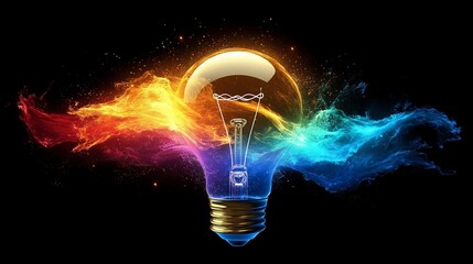 A glowing lightbulb surrounded by vibrant energy waves, representing creativity, innovation, the spark of ideas, and the concept of illumination and inspiration
