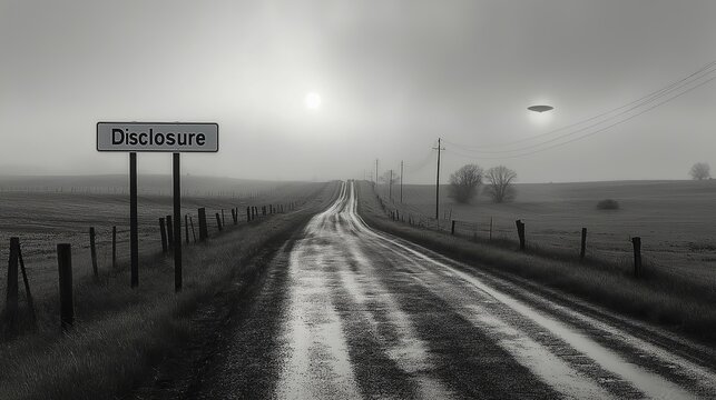 A country road with a sign with the word Disclosure and an alien UFO hovering in the distance during a government coverup of UAP secrets