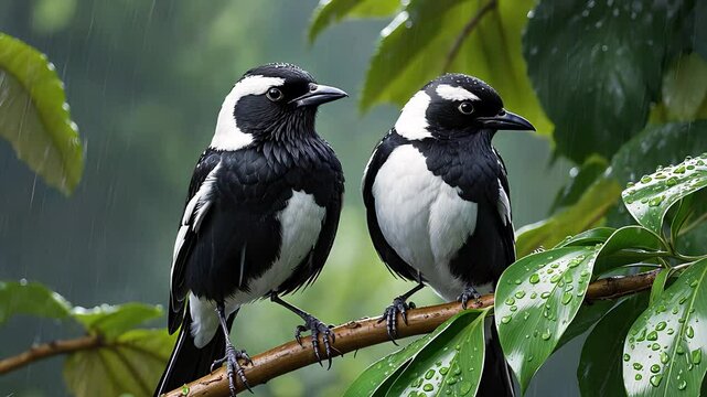 Pair of Black-and-White Birds Perched on a Wet Branch Amid Green Foliage During a Rainy Day

