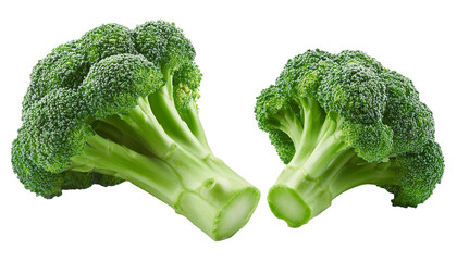 Two fresh green broccoli heads isolated on transparent background