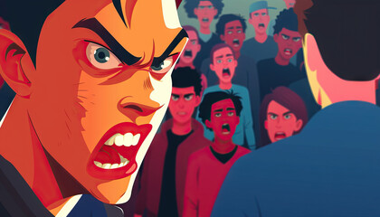 Stylized Illustration of Angry Man Confronting Shouting Crowd