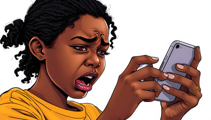Portrait of african girl cringe and looking at phone screen with disgust, reading something disgusting, bad joke or inappropriate content isolated with white highlights, png