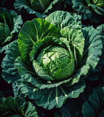 Fototapeta premium Fresh Organic Green Cabbage Close Up in Garden Bed Harvested for Healthy Cooking