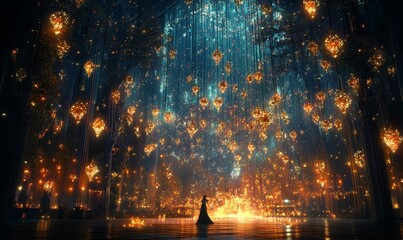 Fototapeta premium Enchanted forest, glowing lanterns, lone figure, magical scene.