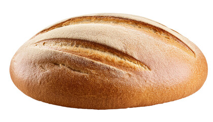 Freshly baked oval bread loaf with golden crust on transparent background