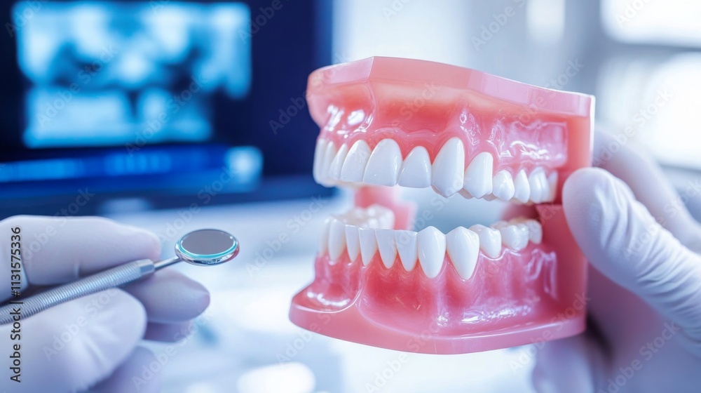 Poster a dental professional examines a model of human teeth using a mirror tool in a modern clinic. the us