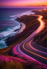 Fototapeta premium stunning coastal landscape featuring open winding road overlooking breathtaking ocean view vibrant skies serene beach environment, adventure, azure, beaches