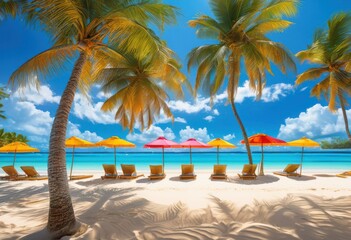 stunning beach landscape featuring colorful tropical elements clear blue skies crystal clear waters, ocean, sand, tropics, palm, tree, sky, minimalist