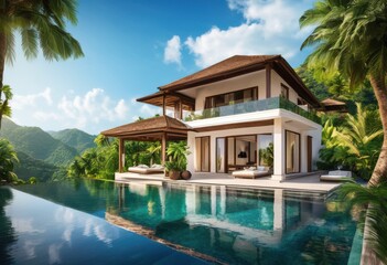 Obraz premium breathtaking panoramic views serene infinity pool set luxurious villa surrounded lush greenery clear blue skies, luxury, sunshine, oasis, landscape