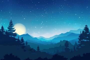 Fototapeta premium Silhouetted Trees and Mountains Under a Starry Sky with a Full Moon