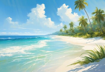Fototapeta premium vibrant beach scene showcasing serene palm soft clear blue inviting warm sunshineperfect capturing tranquil seaside moments, ocean, waves, sand, trees
