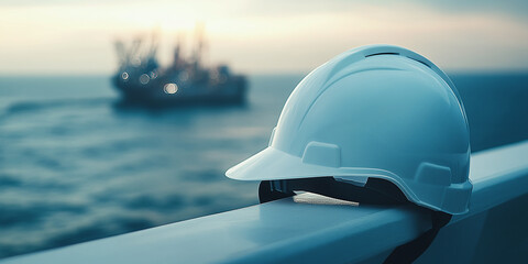 A white safety helmet rests on a railing, with a blurred offshore oil rig backdrop, highlighting the significance of industrial safety and energy sector operations at sea.