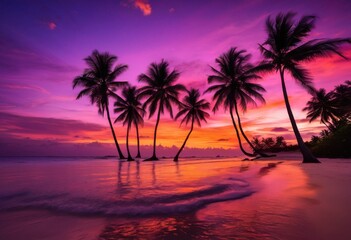 Fototapeta premium vibrant beachfront scene vivid sunset hues reflecting calm waters golden sands breathtaking evening experience, horizon, ocean, waves, sky, colors