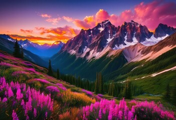 Fototapeta premium majestic mountain peaks surrounded winding trails vibrant colorful clouds above scenic landscape, ascend, altitude, alpine, backpacking, backcountry