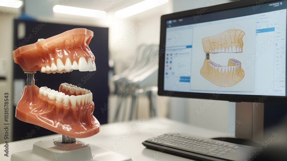 Aufkleber a digital dental model showing upper and lower jaws is positioned next to a computer screen in a con