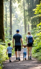 Obraz premium Family Walking Together in a Sunlit Forest Trail Surrounded by Lush Green Trees and Nature