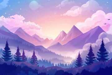 Obraz premium A Tranquil Mountain Landscape with a Purple Sky and Silhouetted Trees