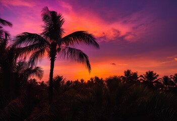 Obraz premium silhouette palm tree illuminated sunlight radiant sunset sky filled vibrant colors warmth, landscape, orange, red, yellow, cloud, elegant, dusk, tropical