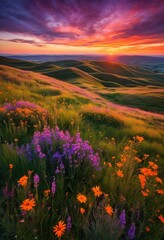 Obraz premium vibrant landscapes capturing breathtaking sunset vistas over serene skies rolling hills majestic colors, horizon, silhouette, reflection, sky, clouds
