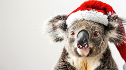 Obraz premium Merry Christmas xmas concept holiday vacation winter funny animal pet greeting card - Cool santa claus hat koala bear with santa hat, isolated on white background.