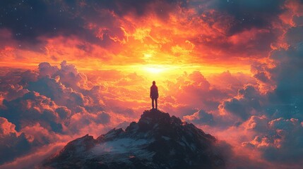 Fototapeta premium Solitary figure atop mountain, fiery sunset clouds.