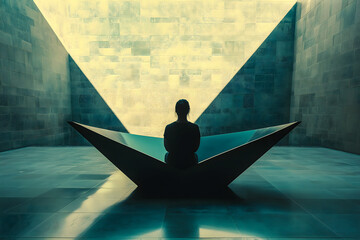 Silhouette of Person Sitting in Geometric Art Installation with Dramatic Lighting
