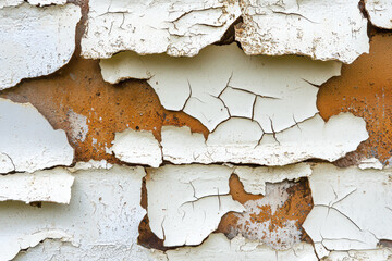 Obraz premium Close up of corroded and painted wall with peeling white paint, revealing rust underneath. texture showcases cracks and layers, creating weathered appearance