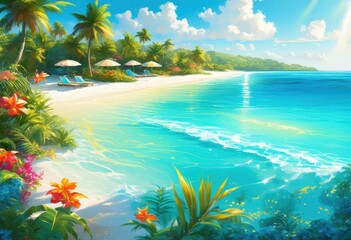 Fototapeta premium vibrant tropical landscape lush greenery colorful beach decor surrounded crystal clear waters bright sunshine, ocean, sea, palm, shoreline, exotic, resort