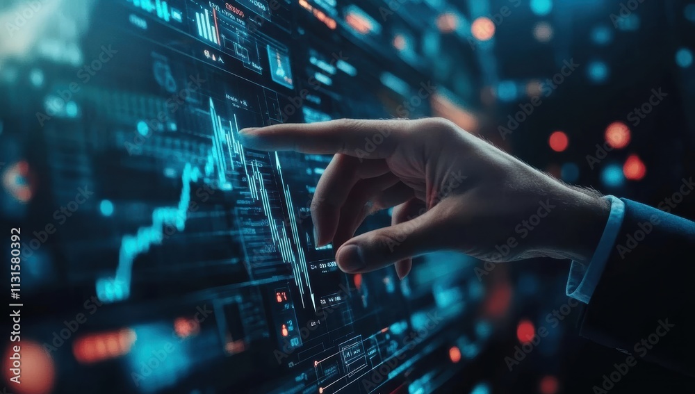 Poster A skilled professional expertly navigates a digital stock market interface, showcasing various charts and data analysis tools that reflect financial strategies and goalsetting practices