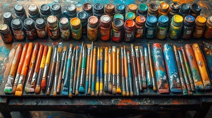 Fototapeta premium Artist's paints, brushes, and a messy palette.