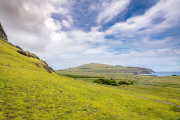 moais in the quarry of Rano Raraku, in Rapa Nui, Easter Island