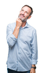 Middle age hoary senior business man over isolated background with hand on chin thinking about...