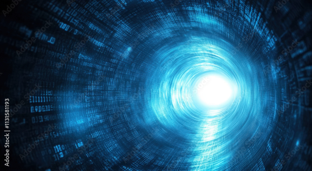 Poster a swirling tunnel of binary code creates a captivating visual effect, leading toward a bright light 
